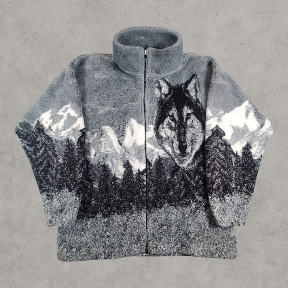 Vintage Bear Ridge Jacket Mens Medium Gray Wolf Nature Full Zip Mountain Scene